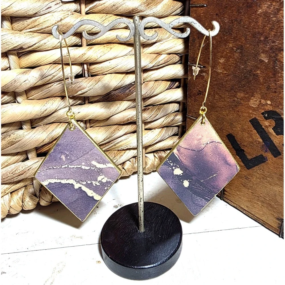 Handmade Abstract Wood Statement Earrings OOAK Muted Plum Gold Metallic Dangles